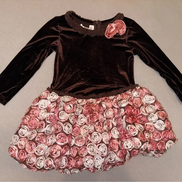 Bonnie Jean Brown Velvet Dress with Pink Floral Rosette - Picture 1 of 5